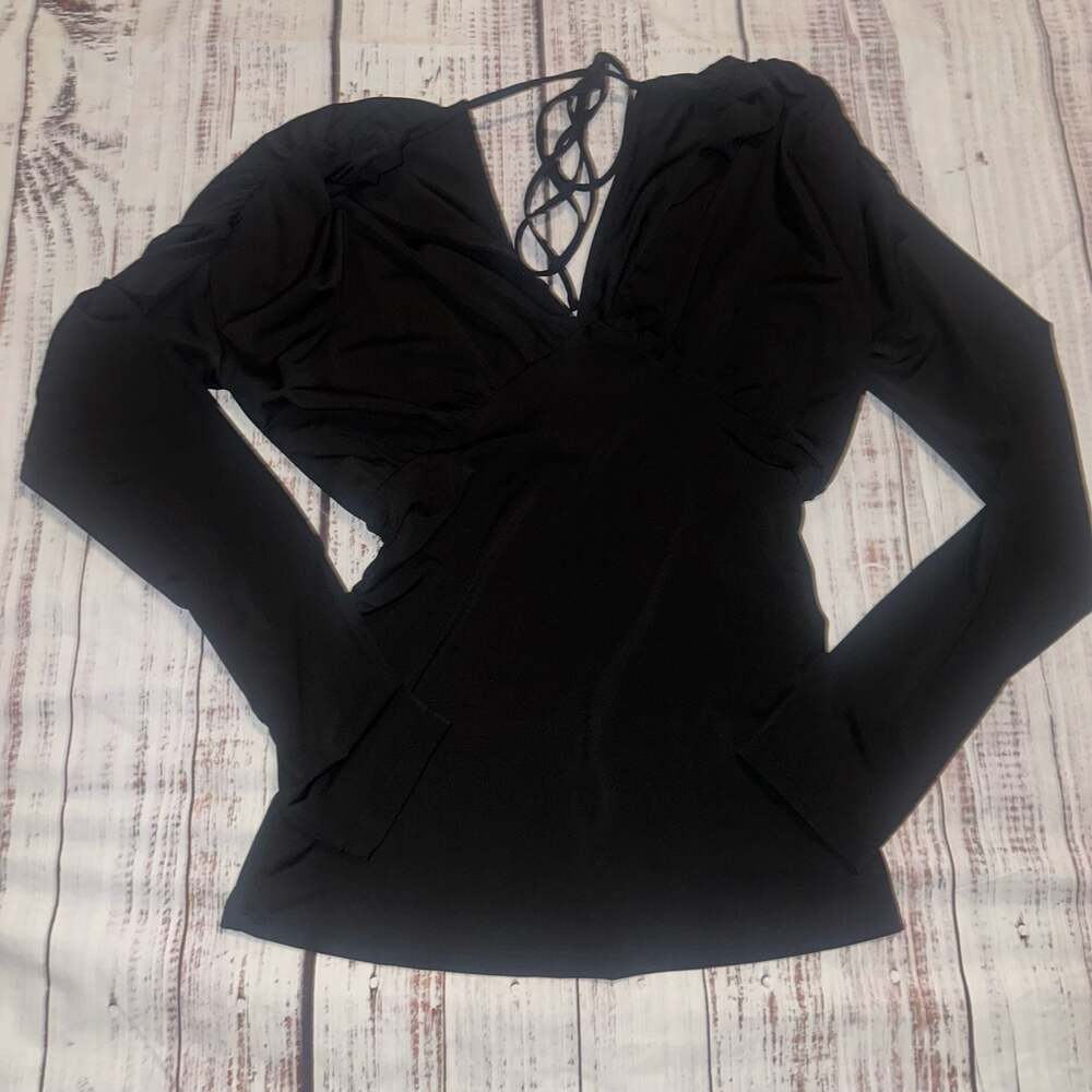 Y2K Black Puff Sleeve Lace-Up Back Going Out Top Size-XS